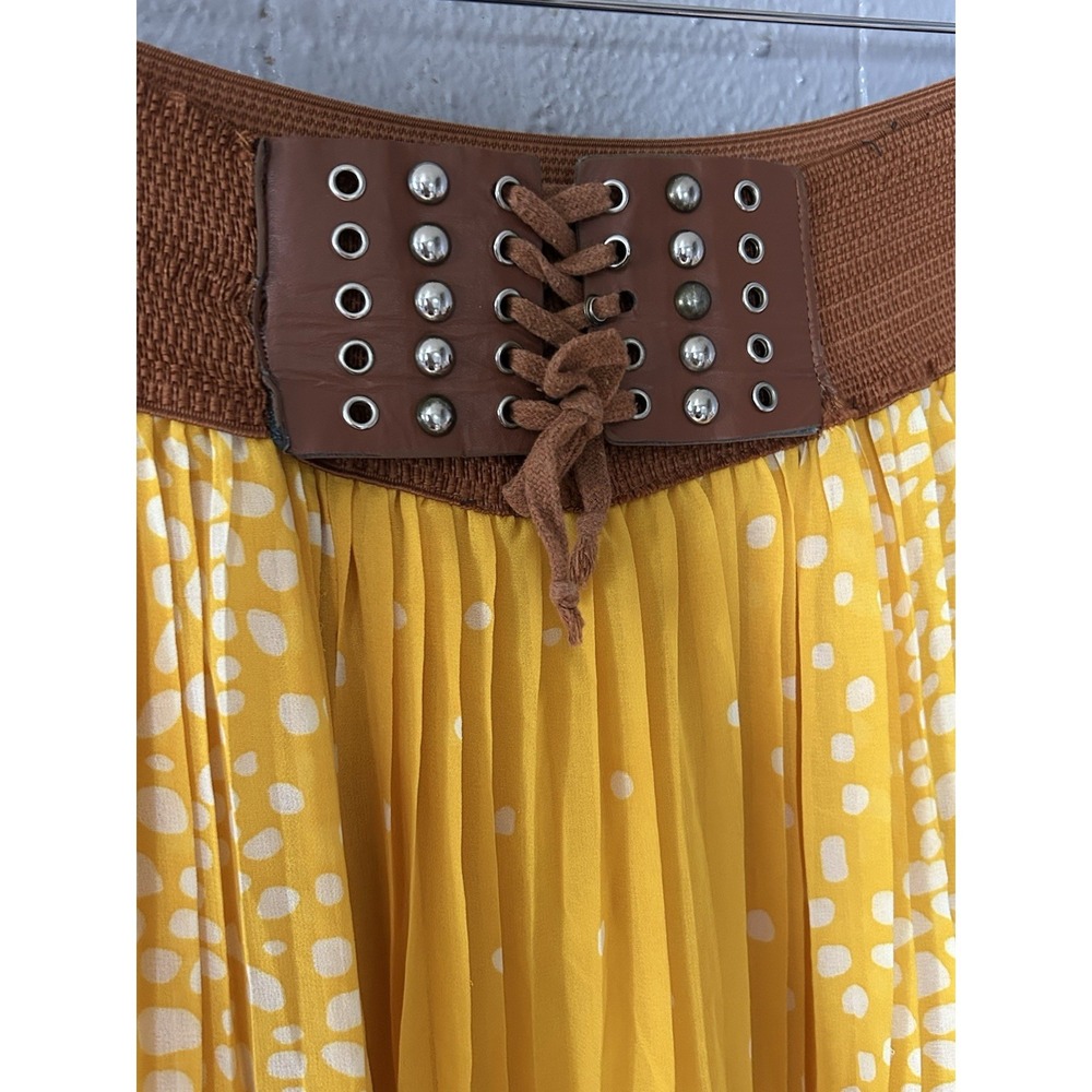 Women's M Yellow Midi Flare Skirt Elastic Waist W Belt Boho Chic Festival - Picture 2 of 5